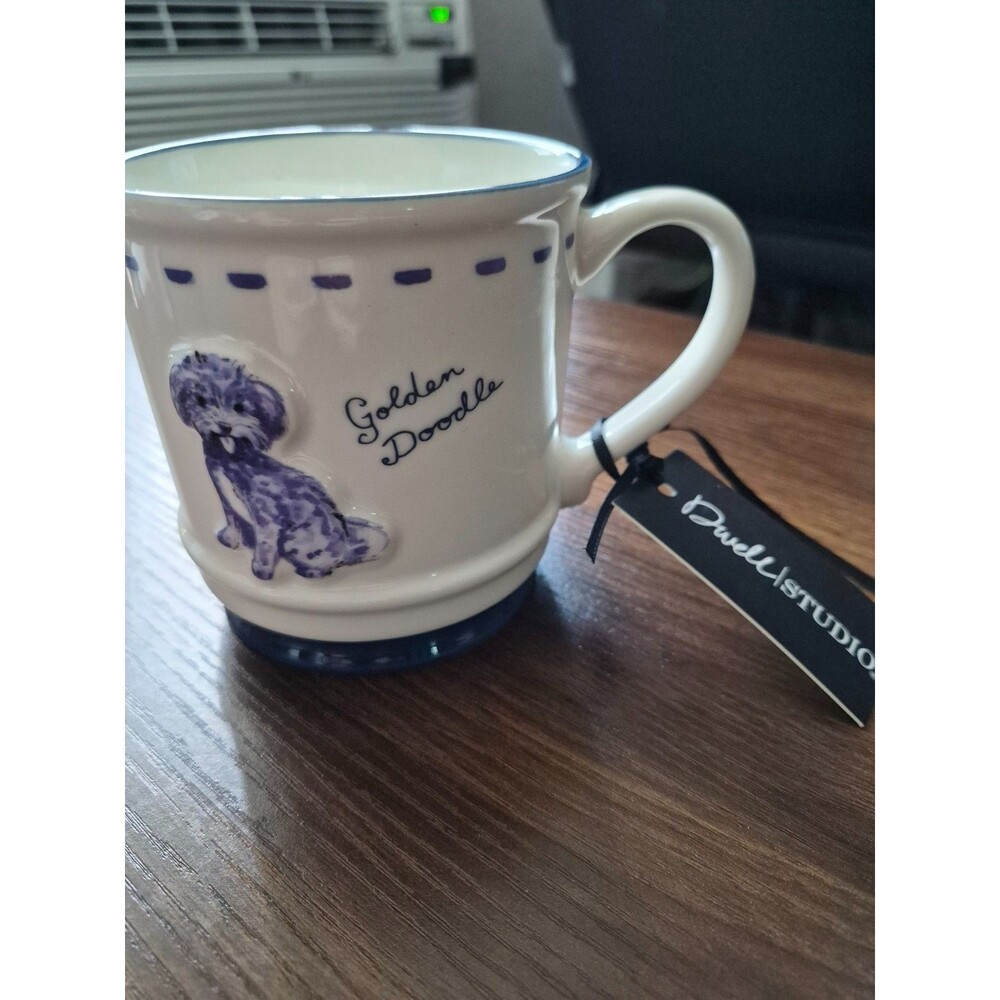 NWT Dwell Studio Golden Doodle Mug Coffee Cup Dog Lover Gift Ceramic White Blue